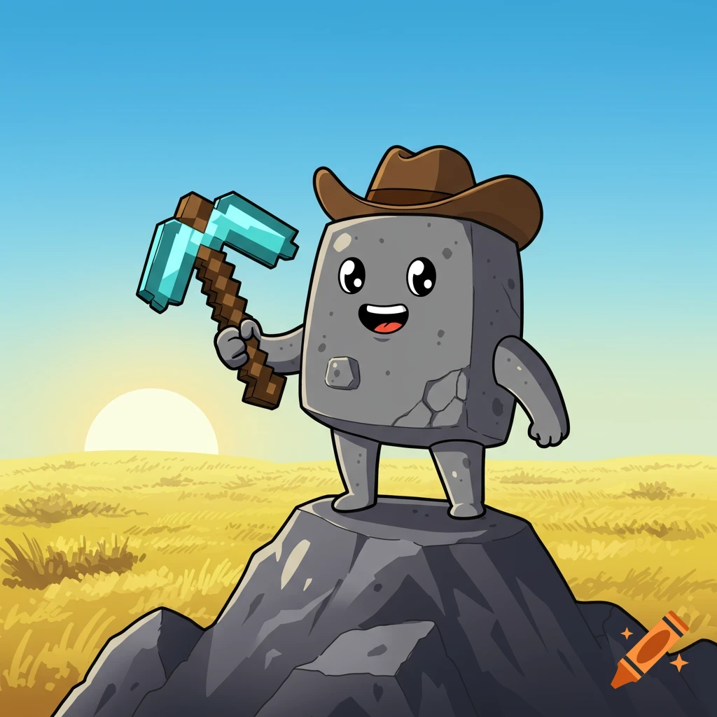 Cartoon rock character in a cowboy hat holds a diamond pickaxe atop a mountain, with a sunset over a plains biome.