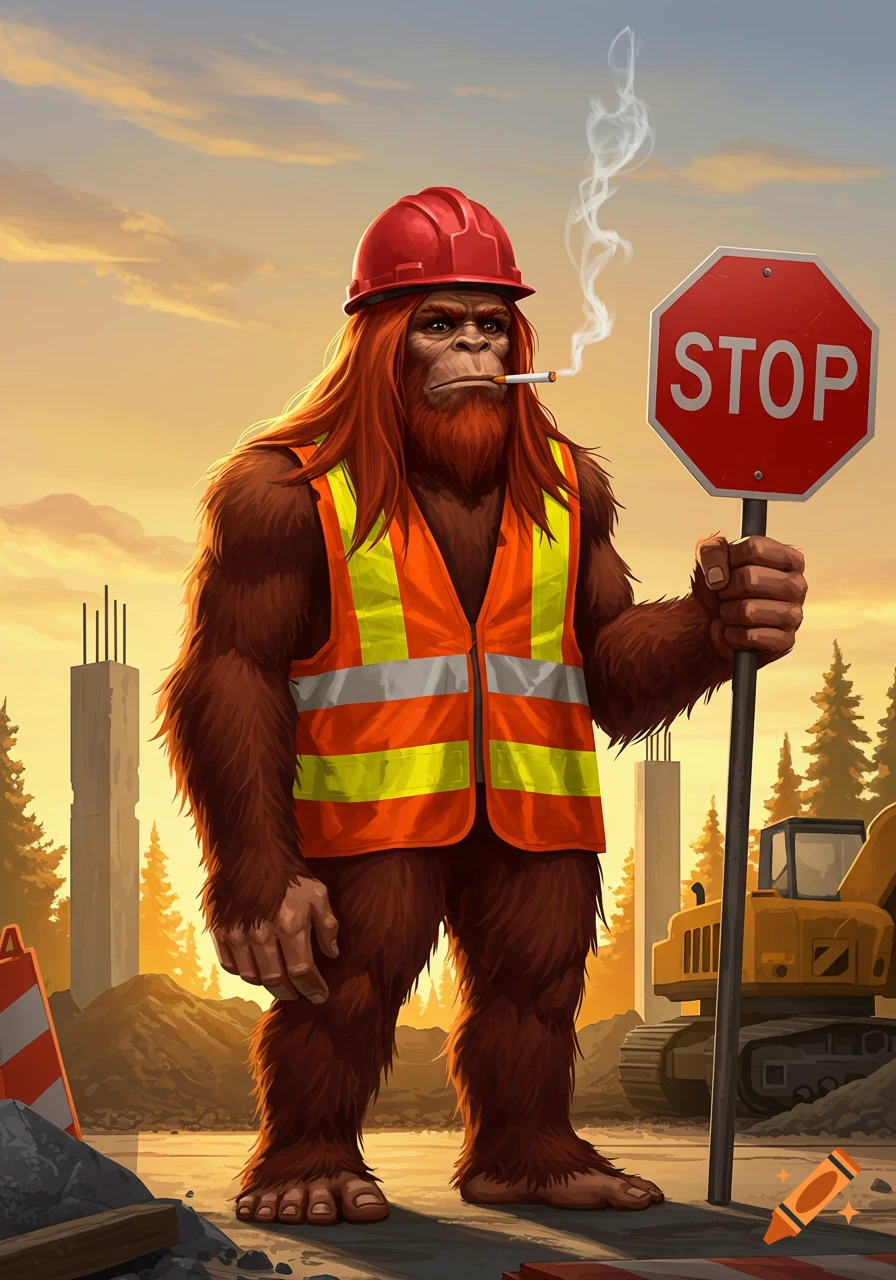 A digital art illustration of Bigfoot with long red hair and a beard, wearing a red hard hat and safety vest, holding a stop sign at a construction site.