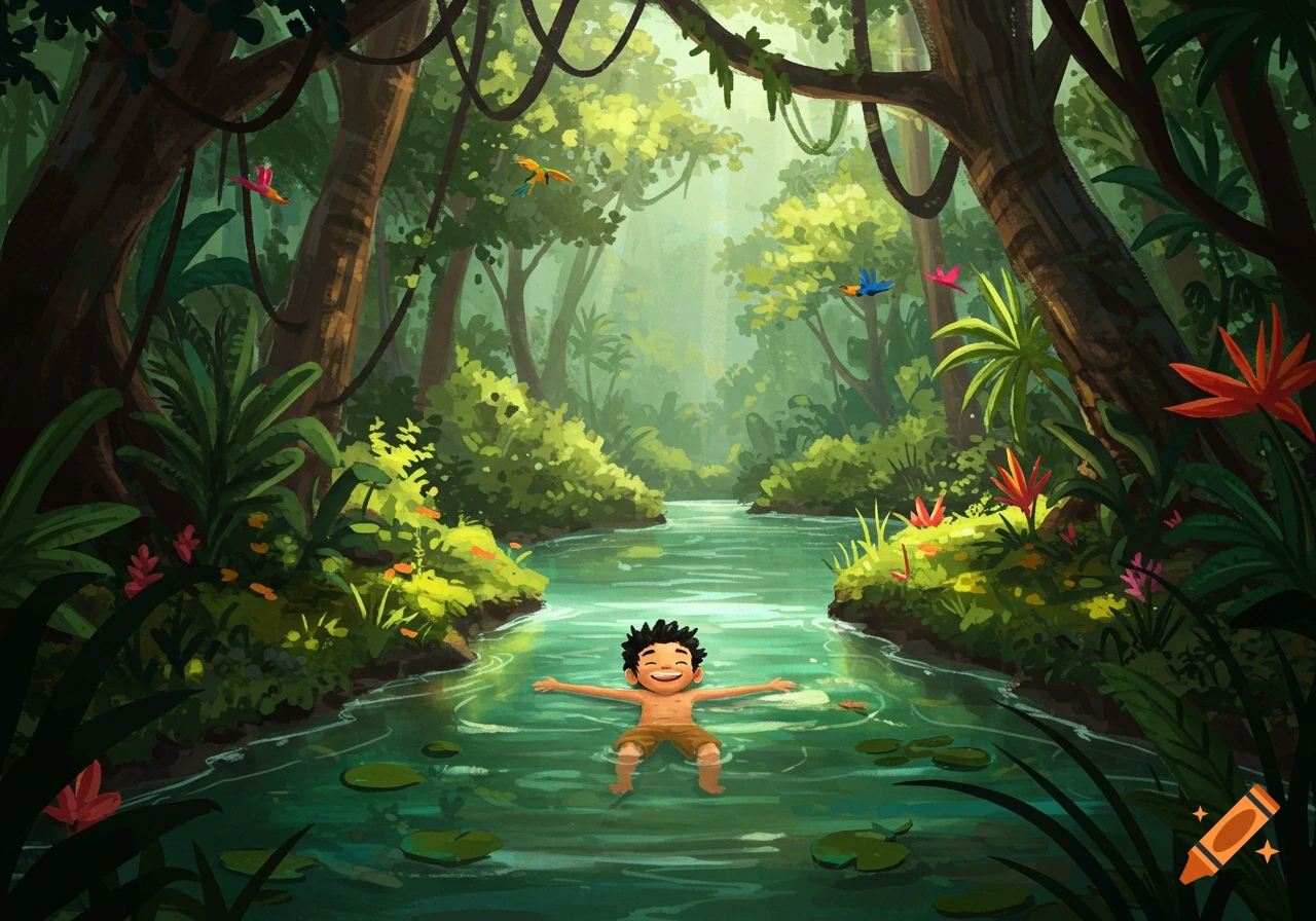 A cartoon boy with dark hair smiles while floating on his back in a lush jungle river. Colorful birds fly amidst the dense green trees and foliage.