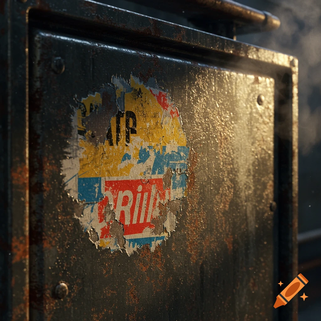 A photorealistic close-up of a dark, rusted metal surface with a peeling, torn yellow, blue, and red sticker.