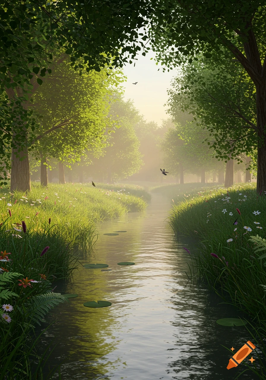 A photorealistic view of a tranquil stream winding through a vibrant green forest at sunrise, with sunlight filtering through the leaves.