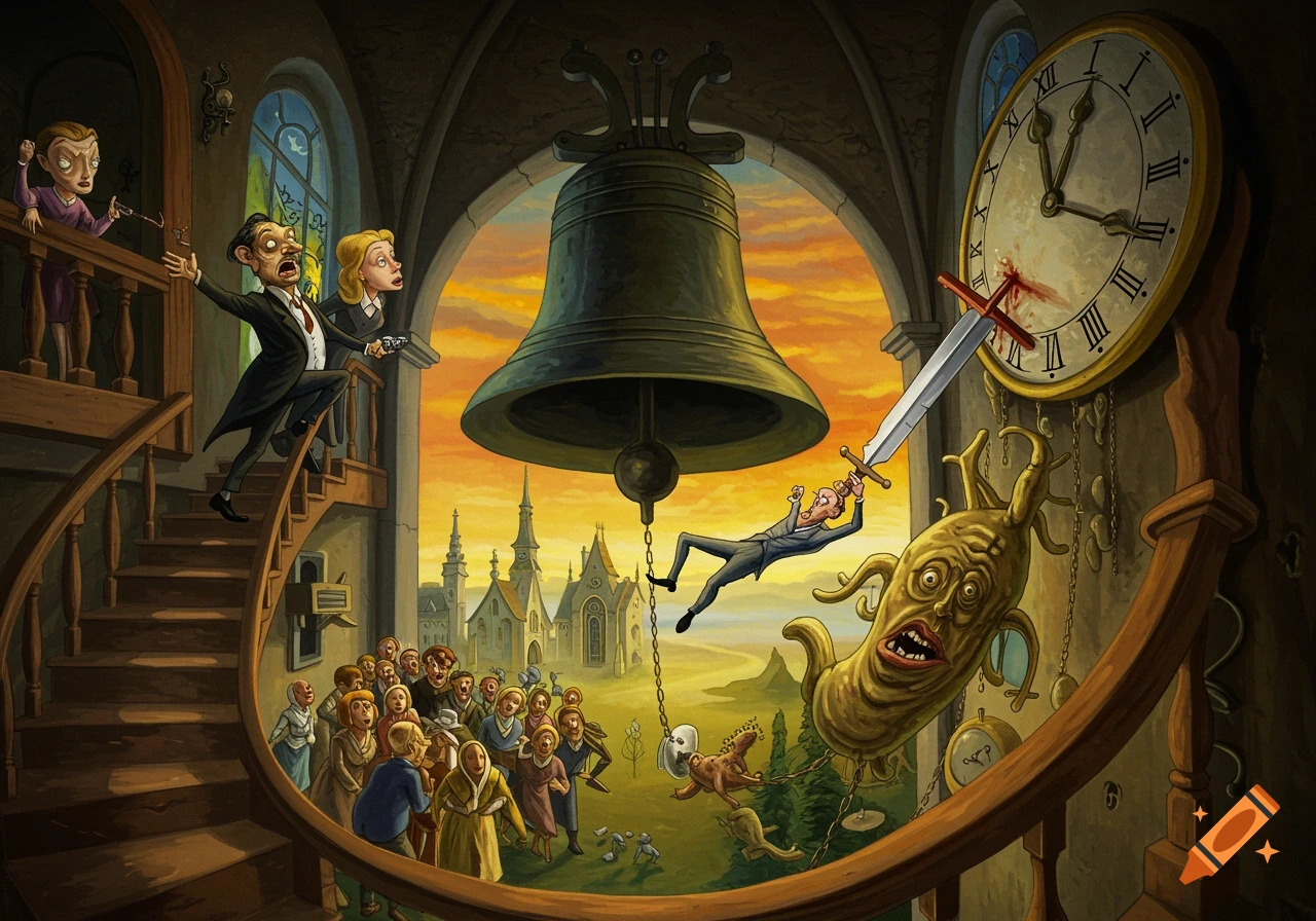 A stylized oil painting depicts a man impaled by a sword on a large clock face, within a church belfry with a huge bell, as people look on below.