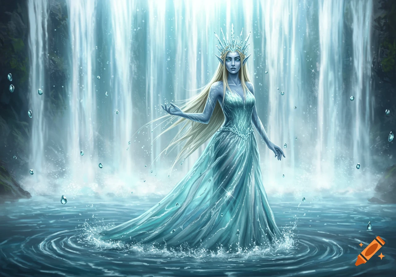 Fantasy digital art of a blue-skinned water queen with blonde hair, a teal gown, and ice crown standing in water by a waterfall.