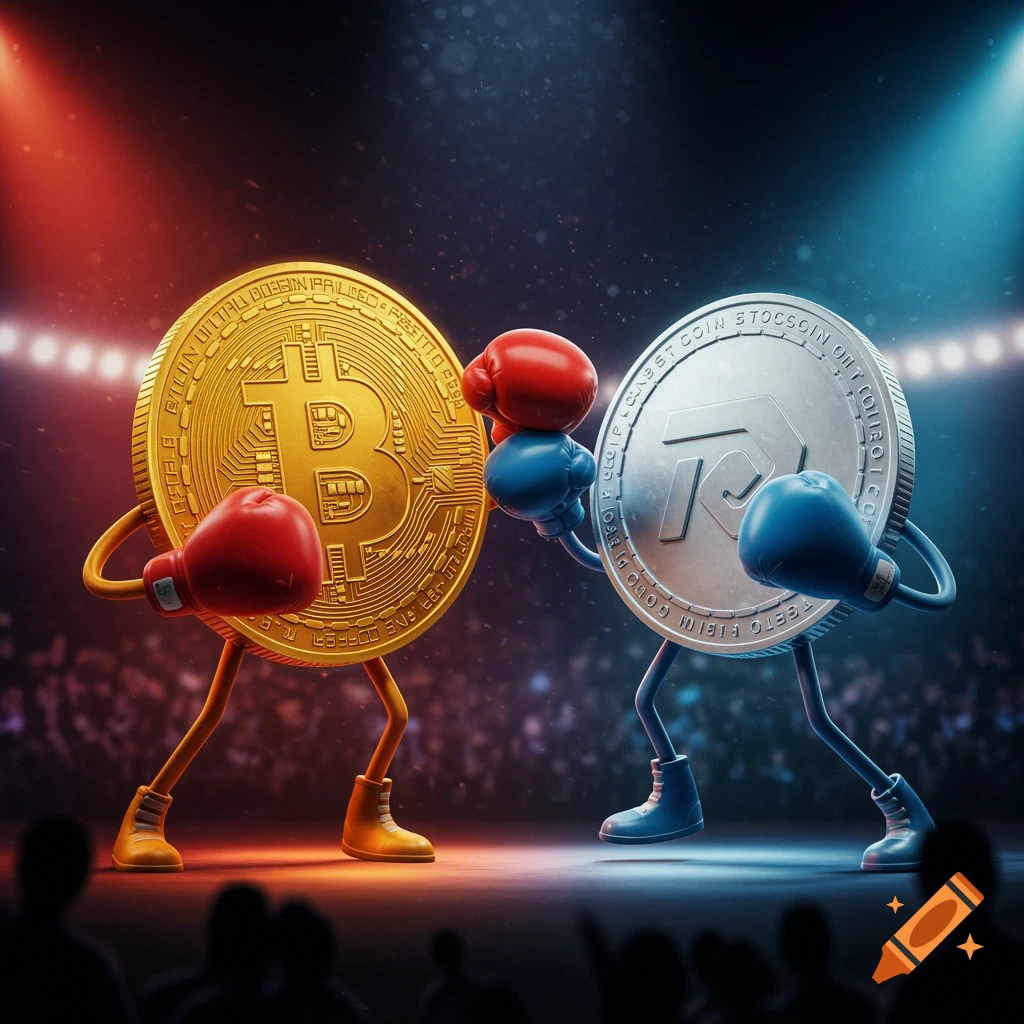 A gold Bitcoin coin and a silver TON Coin, anthropomorphized with arms and legs, box in a spotlighted ring.