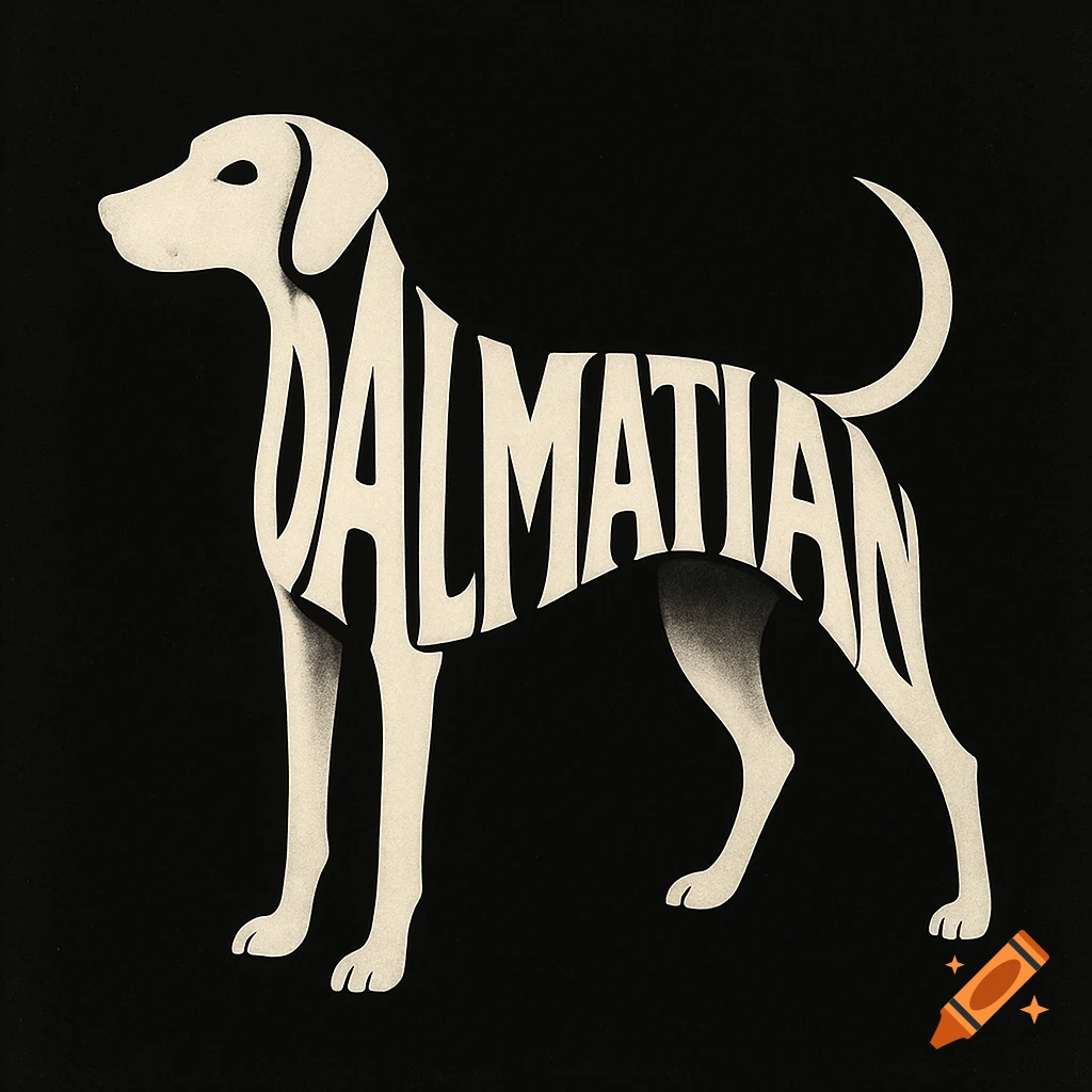 A black and white image of a Dalmatian dog silhouette, with the word "DALMATIAN" forming its body.