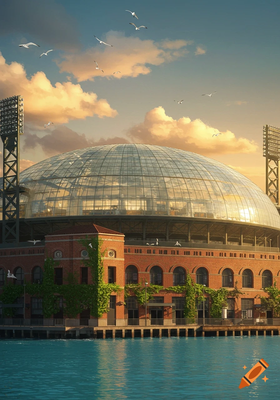 Photorealistic image of a large stadium with a glass dome and brick base, covered in ivy, beside blue water under a cloudy sky.