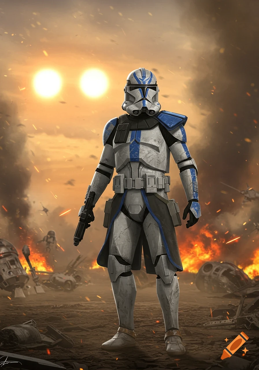 A clone trooper stands on a smoky battlefield under twin suns, holding a blaster amidst fiery debris.