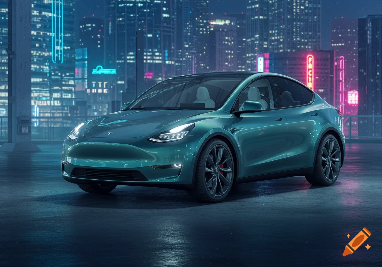 A teal Tesla Model Y parked on a dark surface with a blurred, futuristic city skyline and neon lights in the background at night.