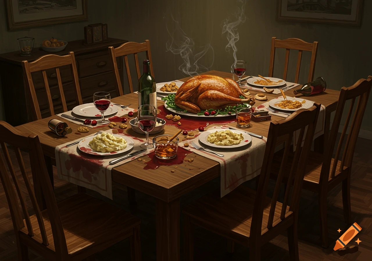 A destroyed Thanksgiving dinner table at night with a roasted turkey, spilled red wine, whiskey glasses, walnuts, cherries, mashed potatoes, and cigarettes.