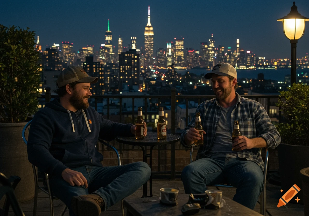 Two men with beer bottles on a rooftop overlooking the New York City skyline at night, hyperrealistic.