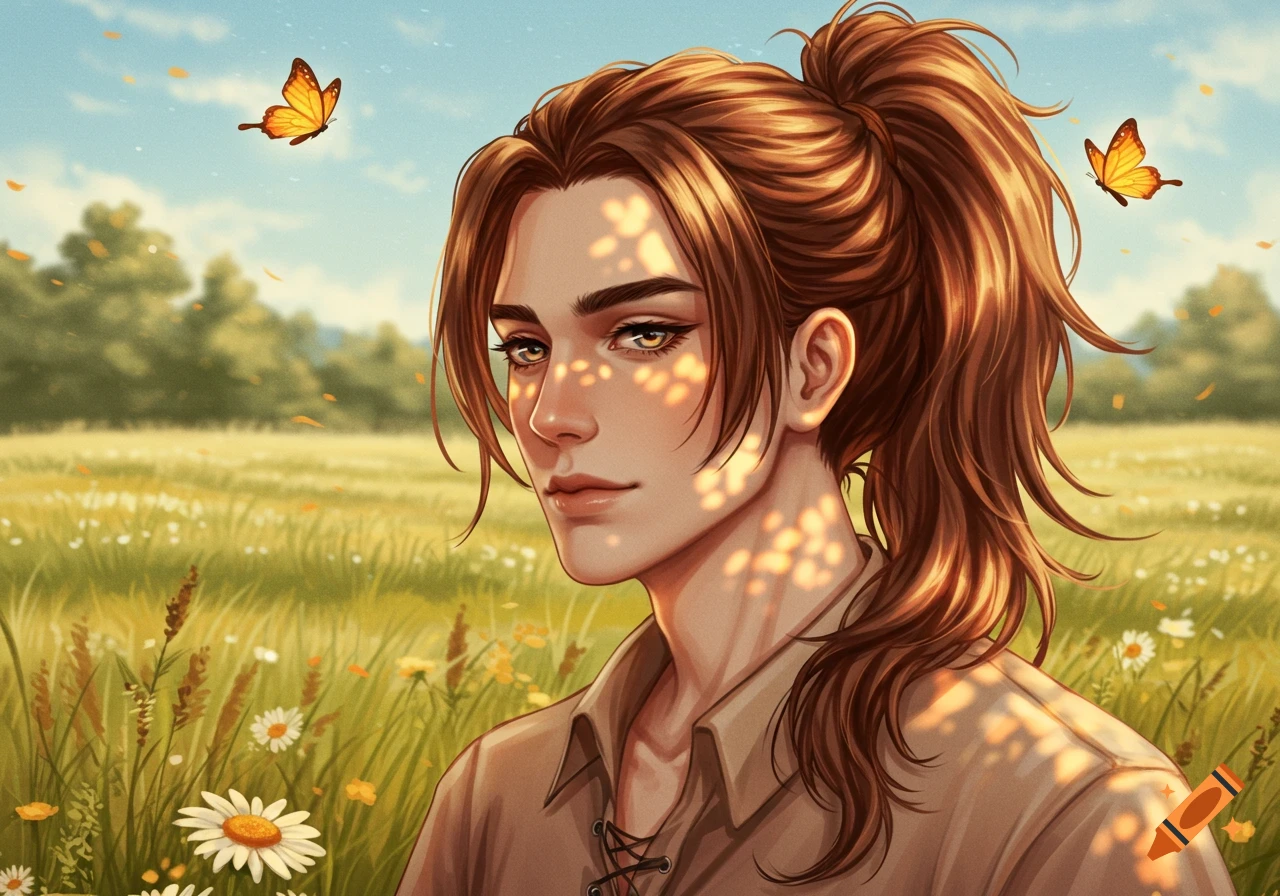 A young person with long brown hair in a ponytail in a sunny wildflower field with butterflies, digital illustration.