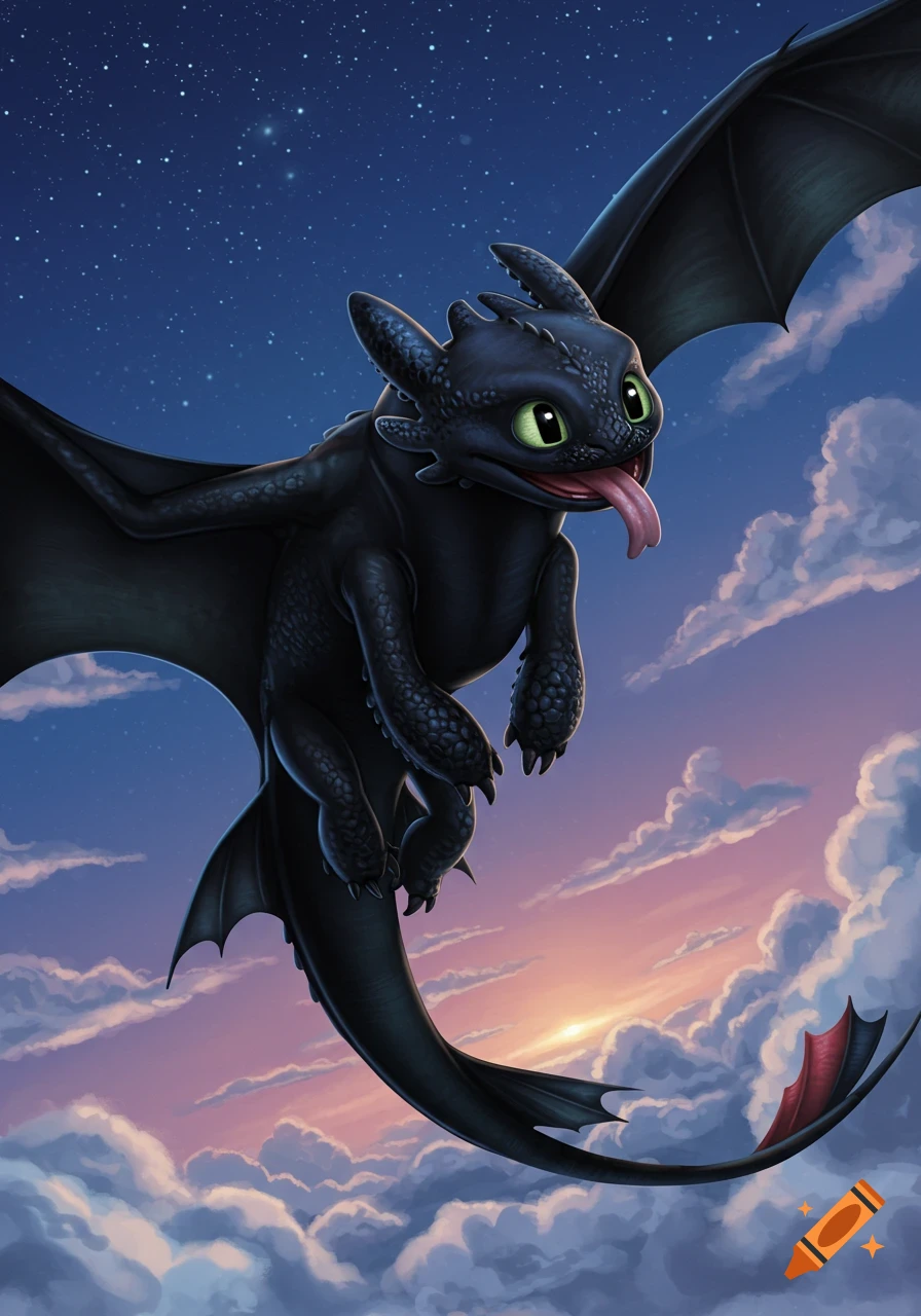 Toothless, a black cartoon dragon, flies through a starry night sky with clouds, his pink tongue sticking out.