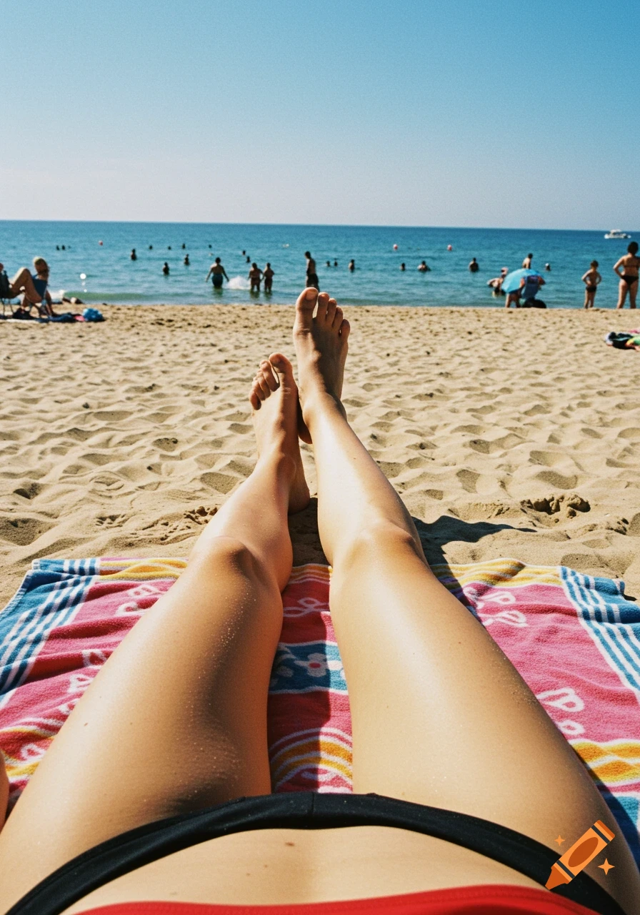 First-person view of legs on a beach towel, overlooking a sunny beach with people in the ocean.