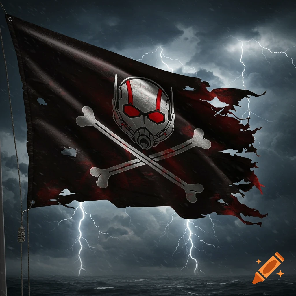 A black pirate flag with an Ant-Man helmet and crossbones waves in a stormy sky over a turbulent sea, with lightning flashes.