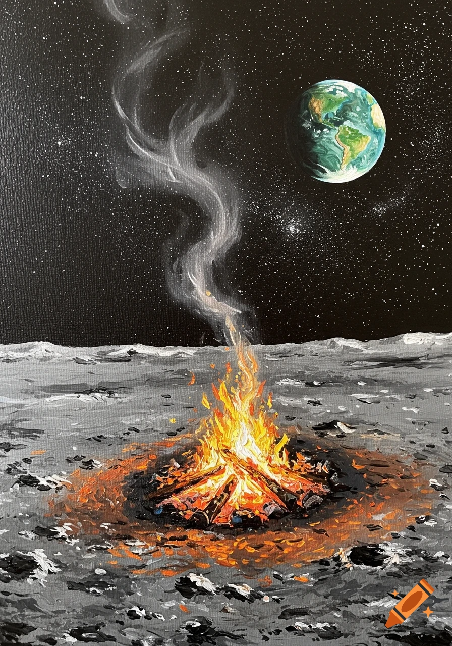 Oil painting of a warm campfire on the moon's surface under a starry sky, with Earth in the distance.
