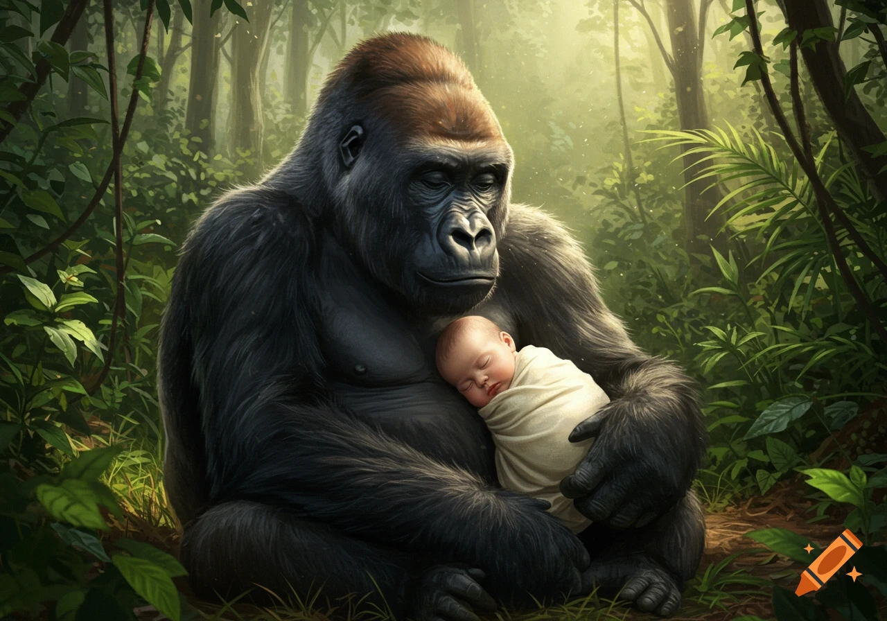 A large gorilla gently holds a swaddled human baby in a lush, sun-dappled jungle. The baby sleeps peacefully.