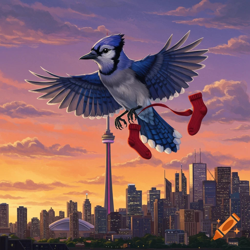 A blue jay carries red socks over the Toronto skyline and CN Tower at sunset, depicted in a vibrant illustrative style.
