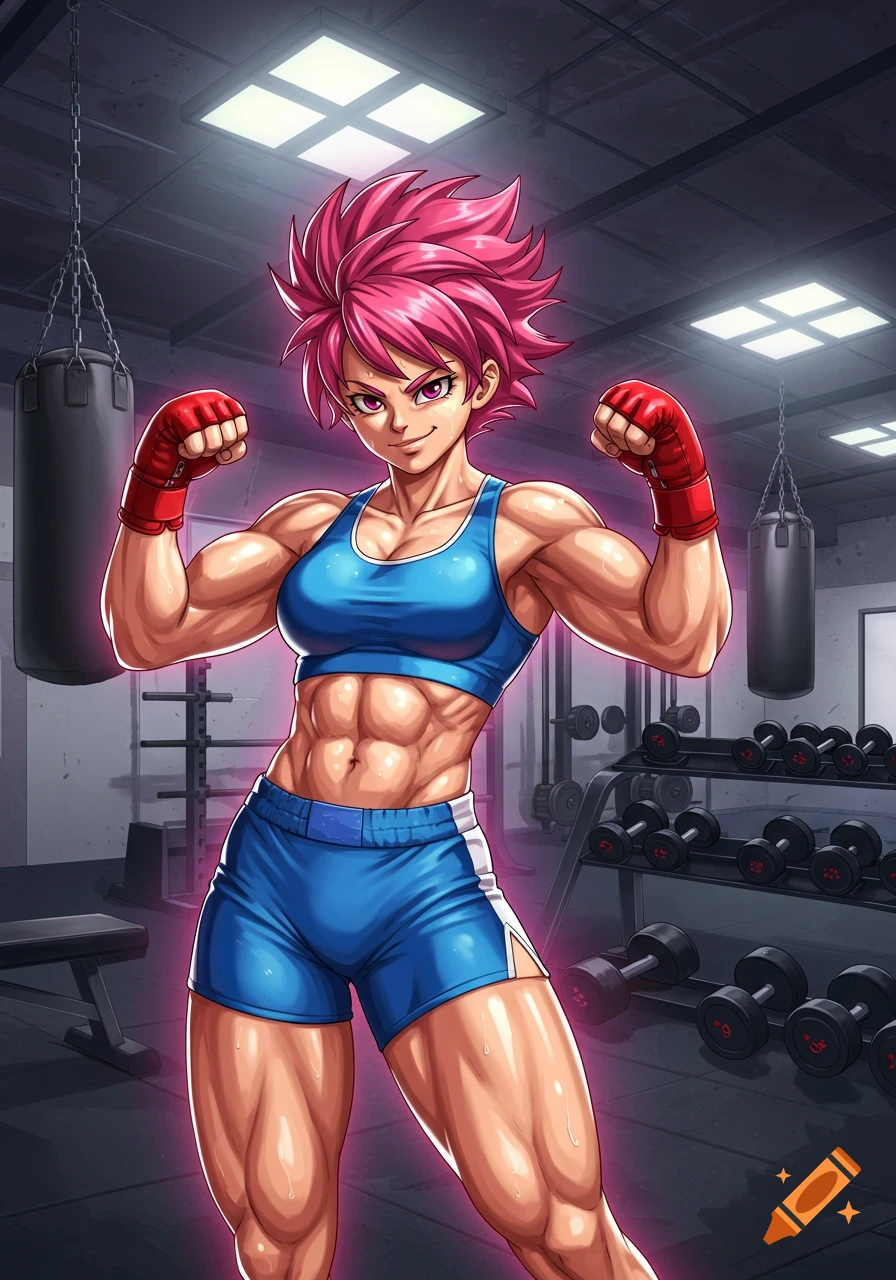 An anime-style female boxing champion with pink spiky hair, wearing a blue sports bra and shorts, flexes her muscular arms in a gym. She has a confident smirk.