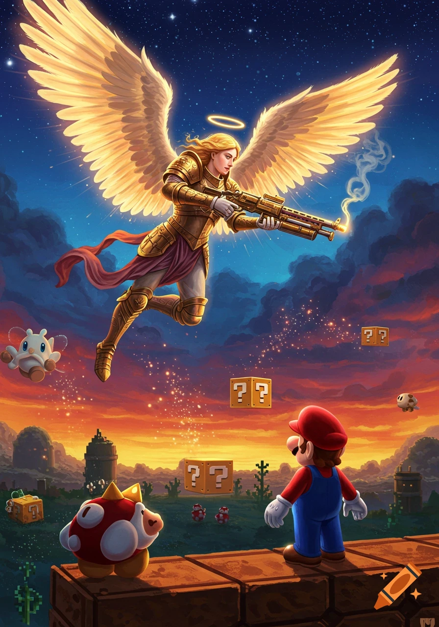 An angelic warrior with wings and a halo shoots a rifle at Mario in a Super Mario Bros. inspired landscape with question blocks and a sunset sky.
