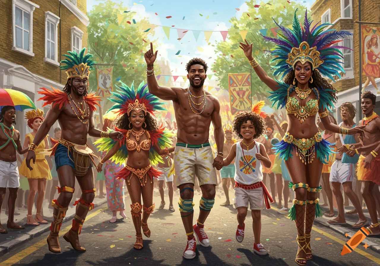 A vibrant street carnival scene with people in colorful costumes, confetti falling, and historic buildings in the background.