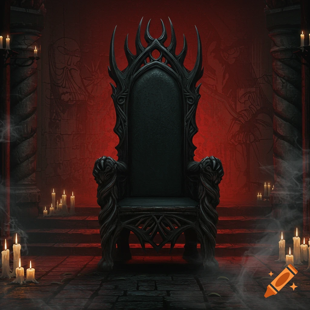 A dark, ornate gothic throne sits centrally in a dimly lit, red-hued stone chamber with lit candles and mist on the floor.