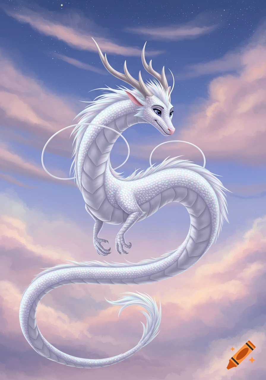 A white and silver dragon with antlers floats gracefully among pink and purple clouds in the sky.
