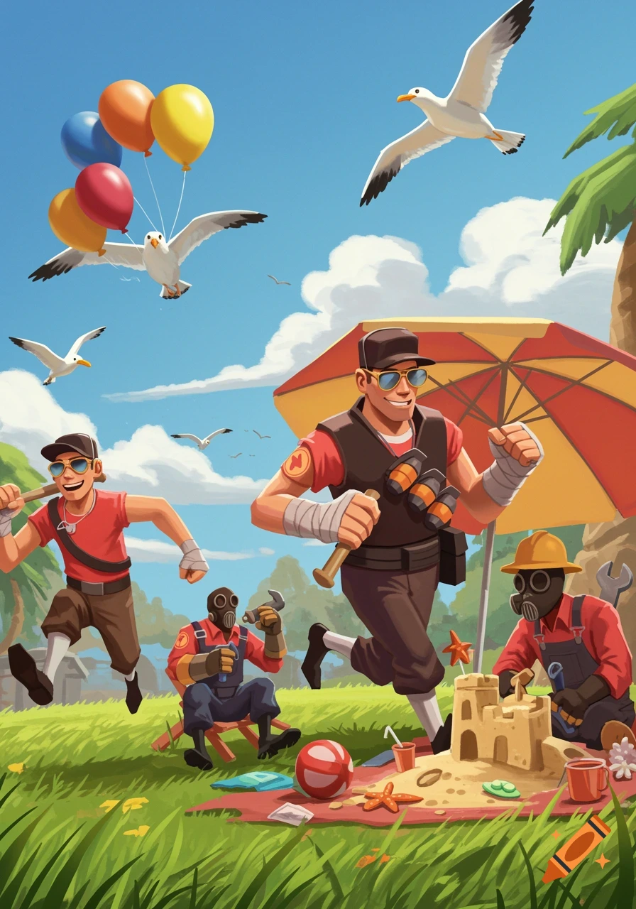 Stylized Team Fortress 2 characters enjoy a summer day, with Scouts running and Engineers building a sandcastle, surrounded by balloons and seagulls.