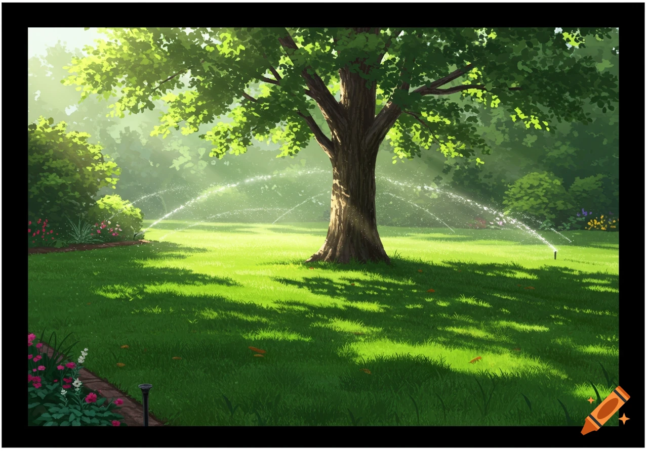 Vibrant illustration of a sunny garden with a large tree, green lawn, and sprinklers watering the grass.
