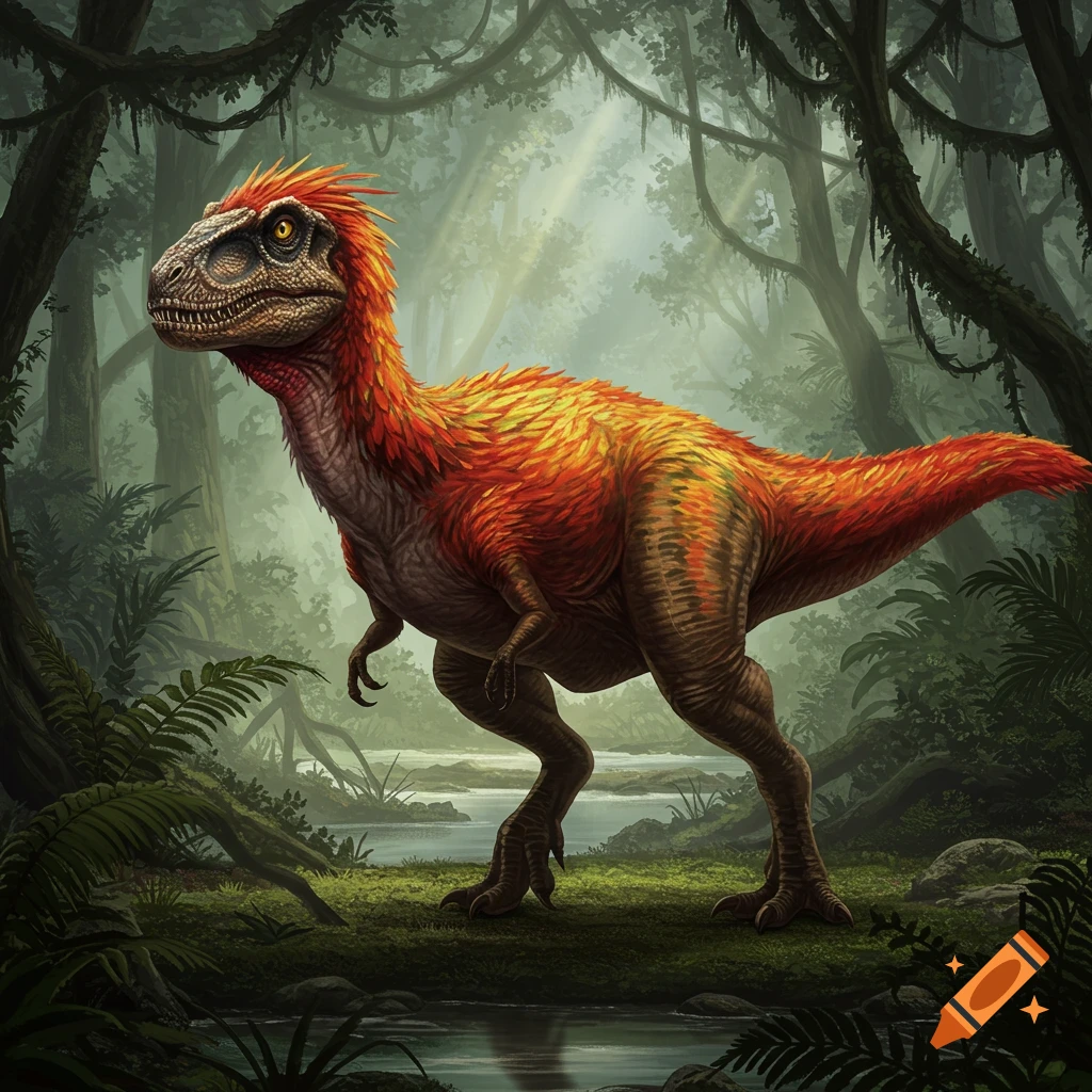 A vibrant red and orange feathered dinosaur with T-rex like features stands in a lush green jungle with light rays filtering through the trees.