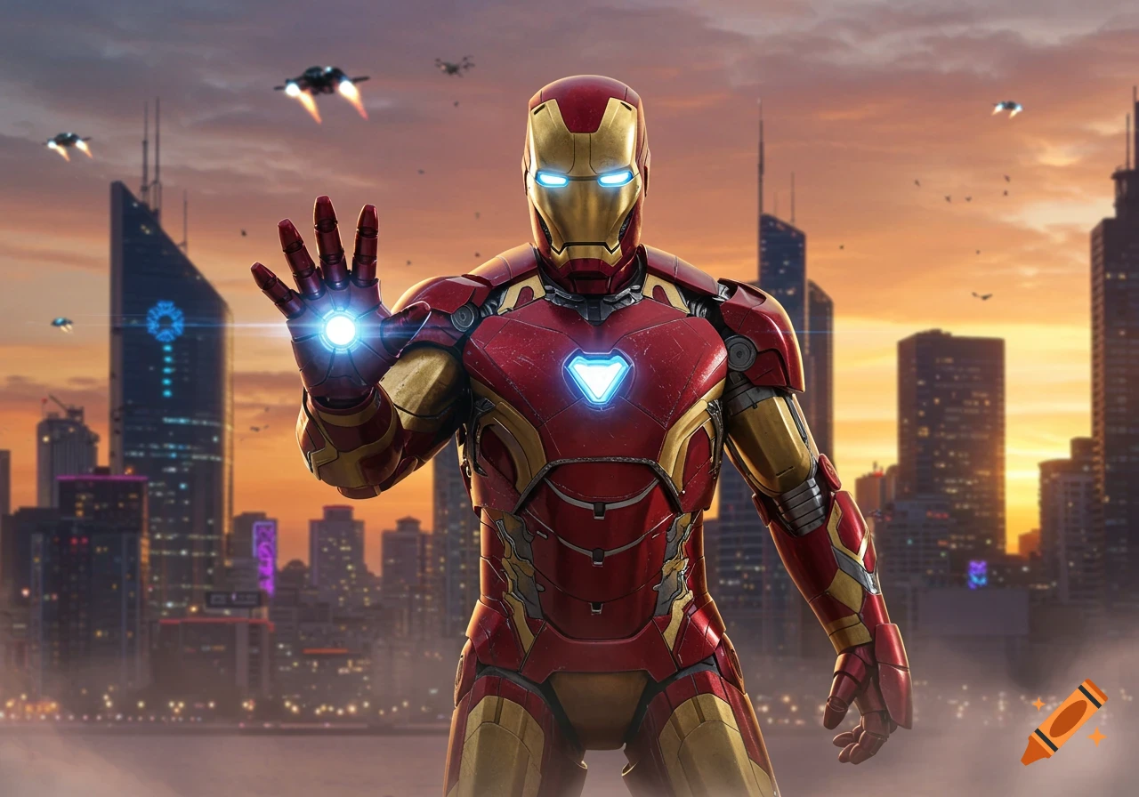 Iron Man in his red and gold suit, hand raised with glowing repulsor, stands against a city skyline at sunset.