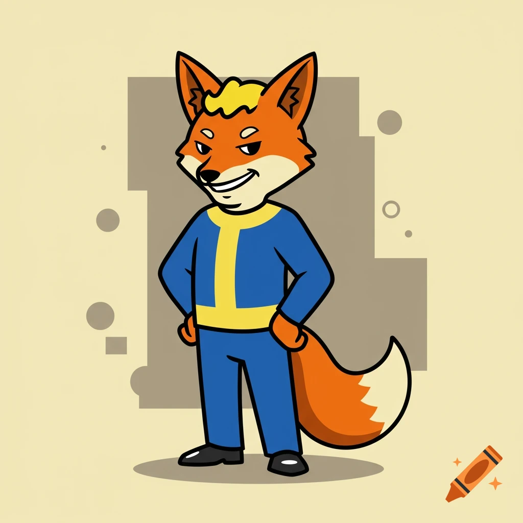 A cartoon fox character in a blue and yellow jumpsuit, standing with hands on hips and a sly smile.