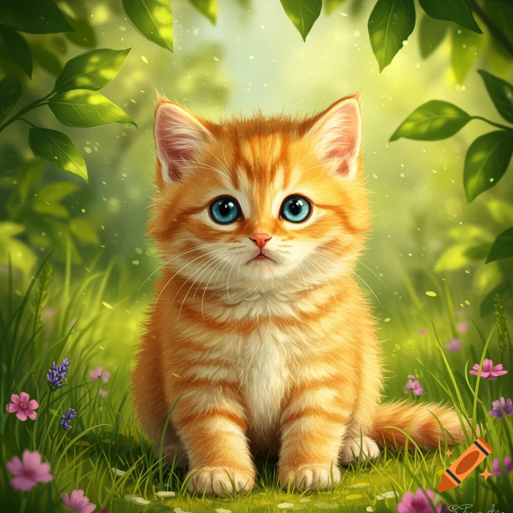 A fluffy orange tabby kitten with big blue eyes sits in lush green grass among small pink and purple flowers.