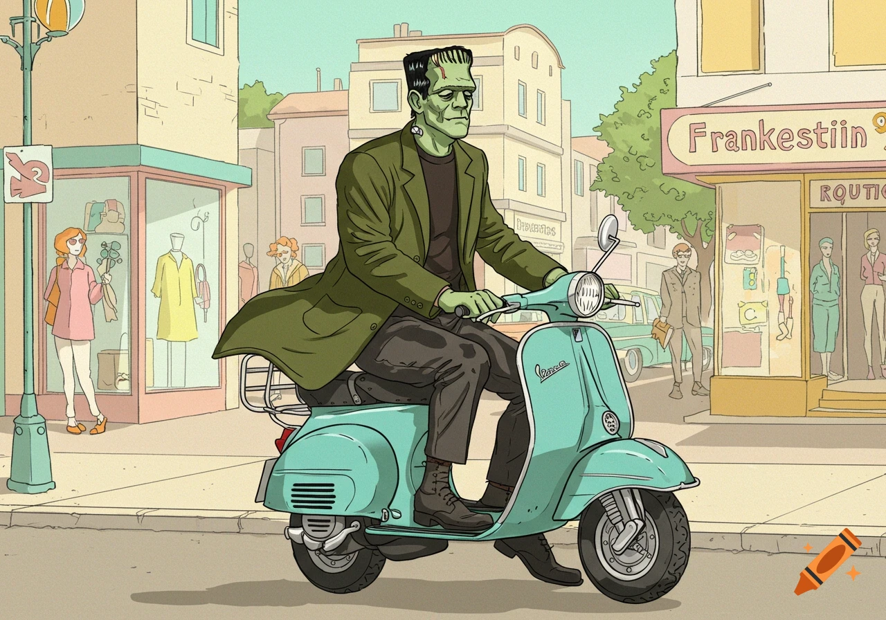 A cartoon illustration of Frankenstein's monster riding a turquoise Vespa scooter down a city street, past shops and pedestrians.