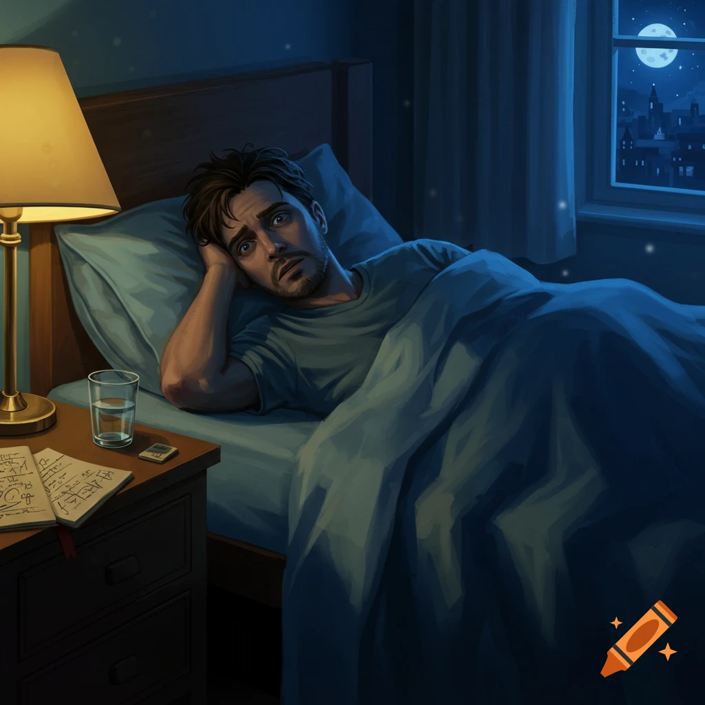An illustration of a man lying awake in bed at night, appearing distressed and unable to sleep, with a full moon visible through the window.