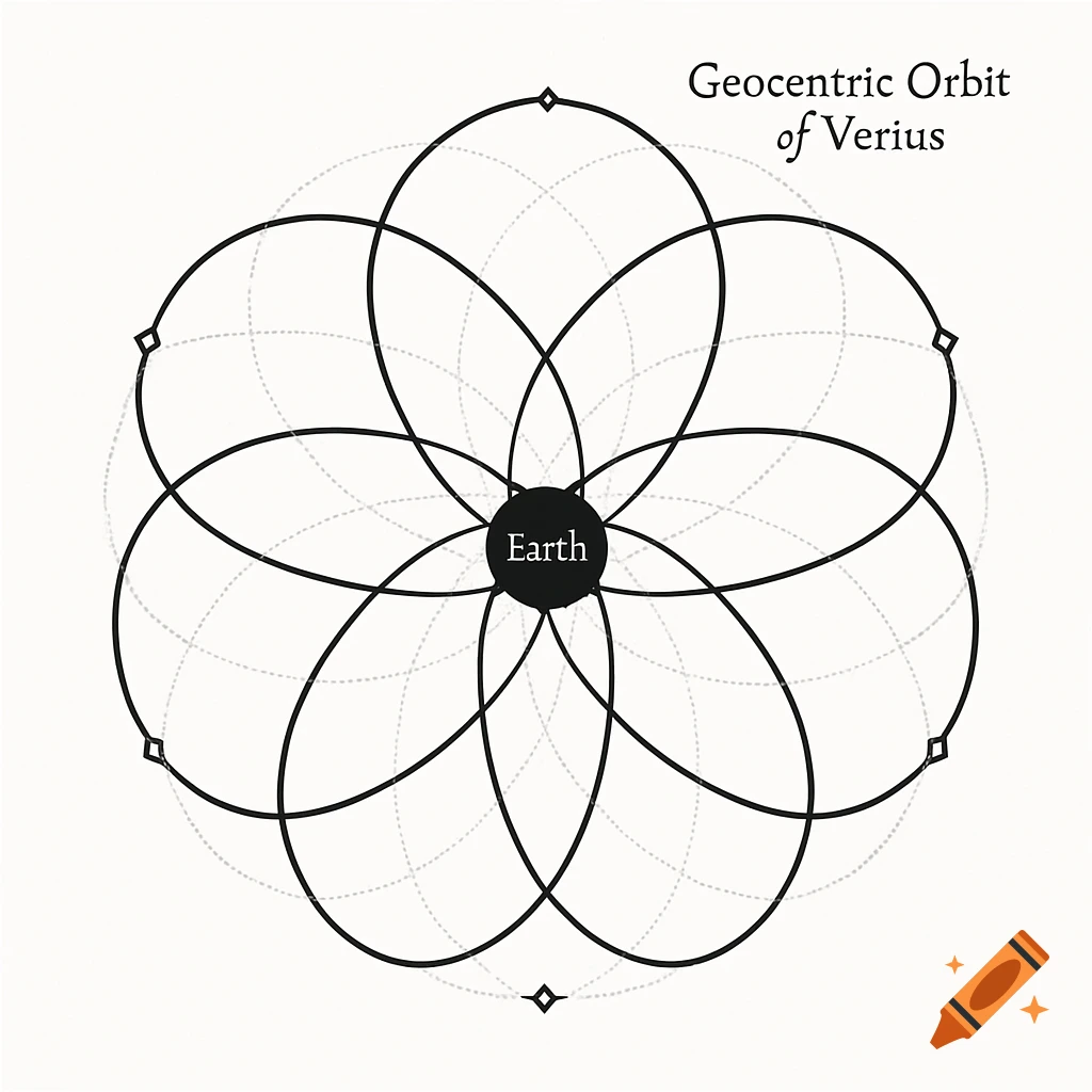 A black and white diagram titled 'Geocentric Orbit of Verius' showing multiple intersecting orbital paths around a central 'Earth'.