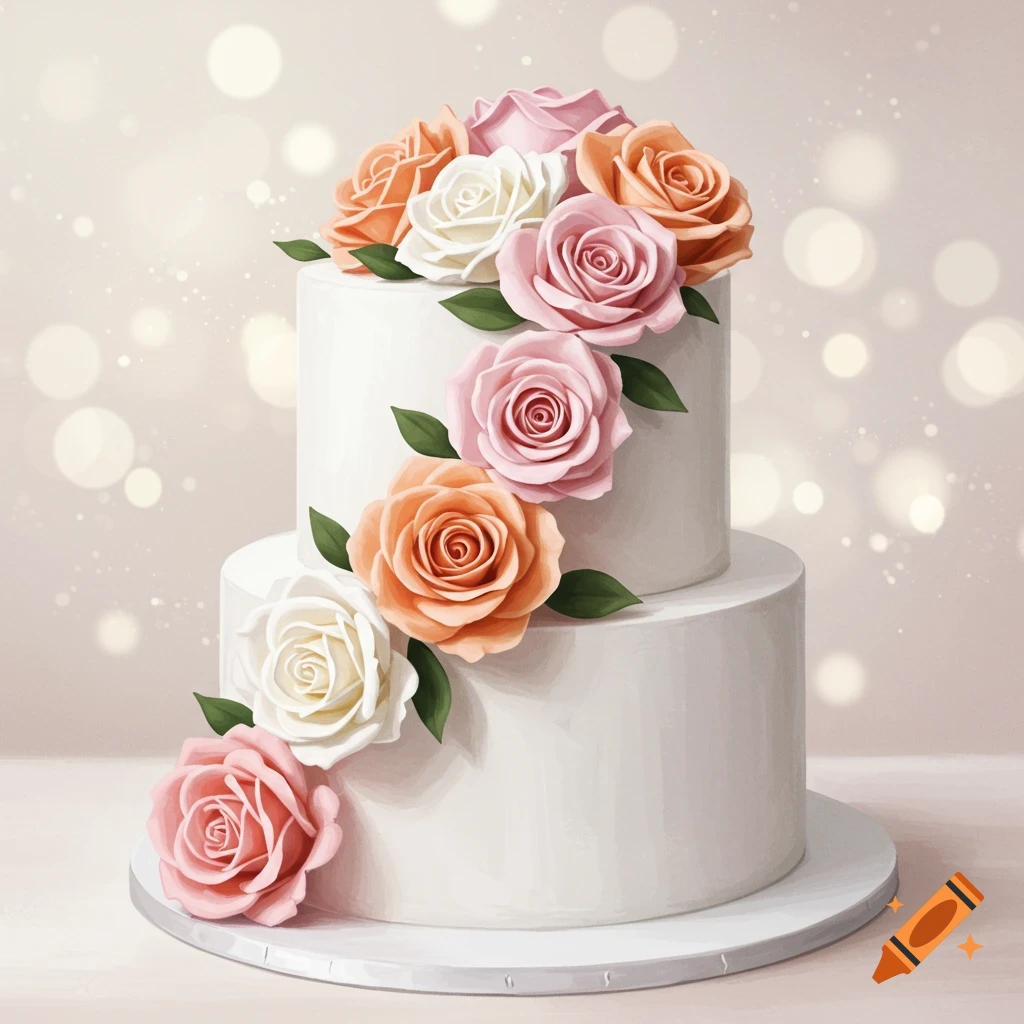 A two-tiered white cake adorned with peach, pink, and white roses, against a bokeh background.