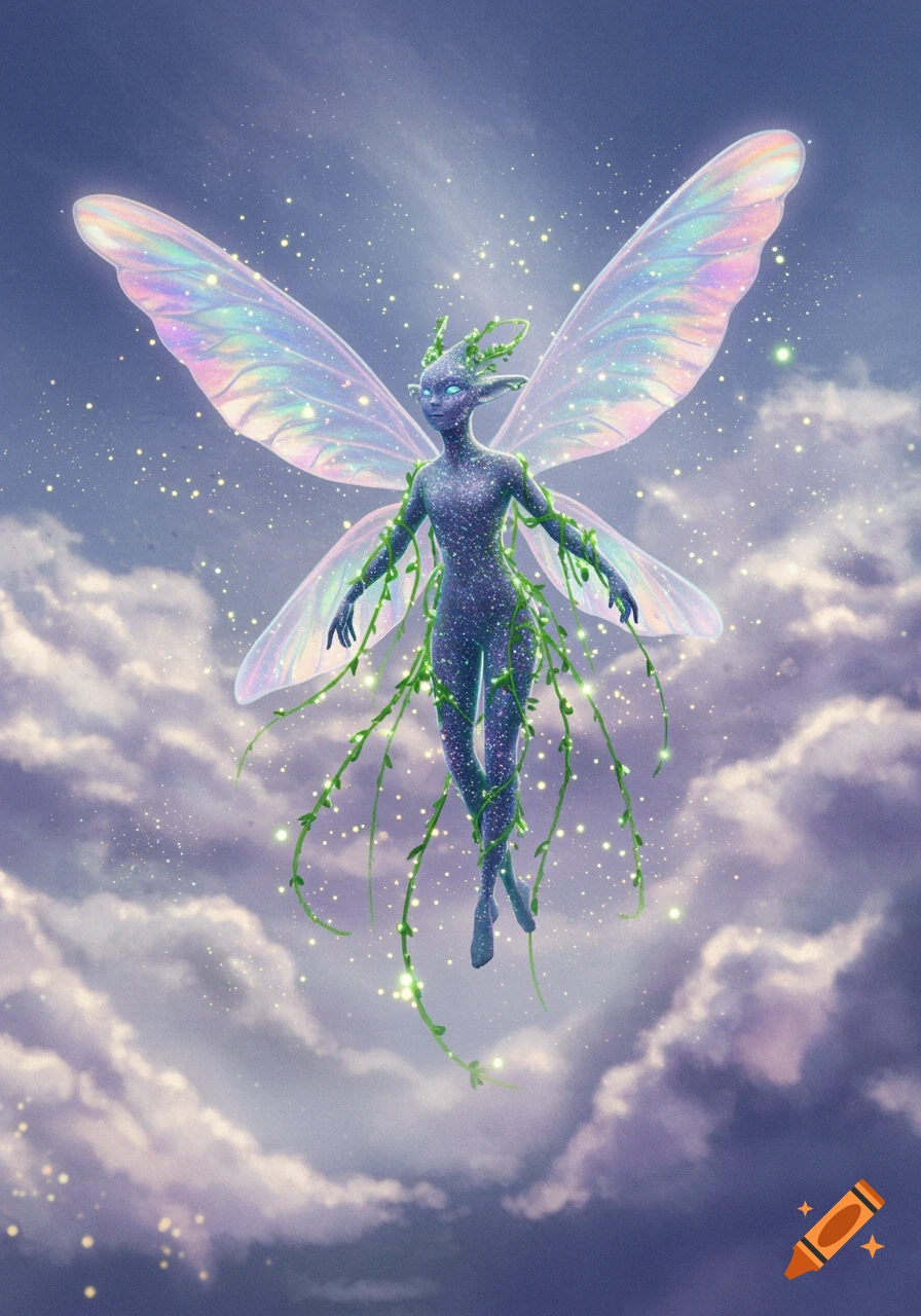 A sparkling, iridescent-winged fairy adorned with green vines floats gracefully in a soft, cloudy, ethereal sky.