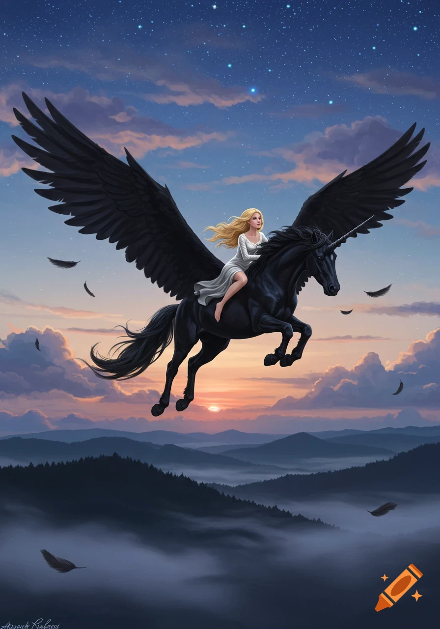 A blonde woman in a white dress rides a black winged unicorn flying over misty mountains at sunset under a starry sky.