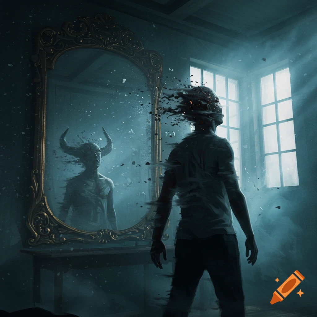 A man in a dark room looks into an ornate mirror, his head disintegrating, revealing a horned, demonic reflection also fragmenting. Dark, surreal fantasy art.