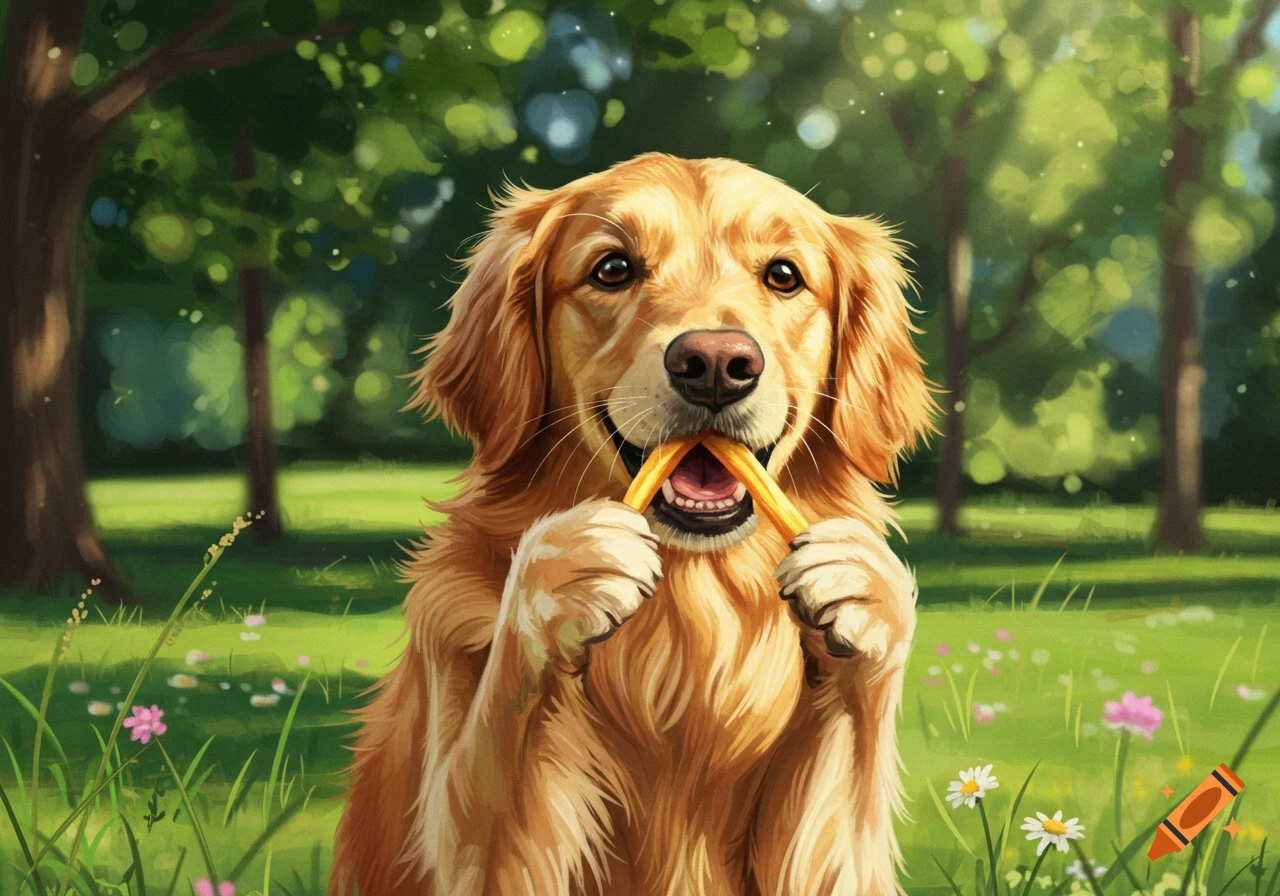 A happy golden retriever chews a yellow toy in a sunny park with trees and flowers, digital painting.
