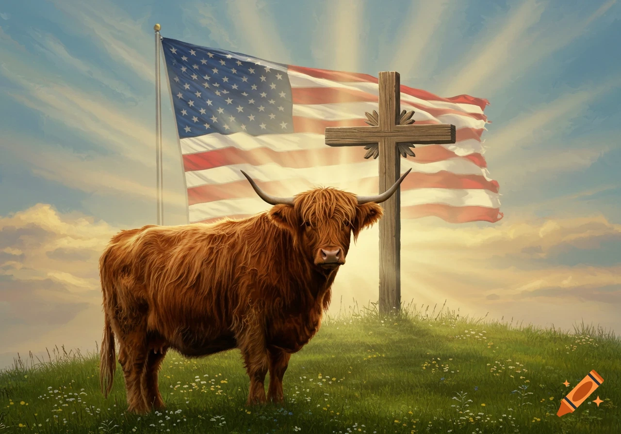 A shaggy brown Highland cow stands in a green field with wildflowers, an American flag flying behind it next to a wooden cross under a bright, ray-filled sky.