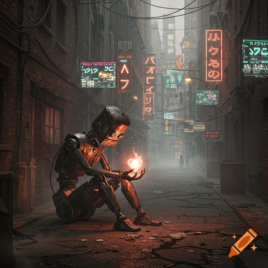 A sad, rusty robot sits on a cracked street in a dark, dystopian city alley, holding a glowing heart. Neon signs illuminate the background.