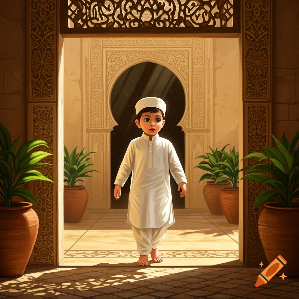 A young boy in traditional white clothes stands barefoot in a sunlit Islamic courtyard with potted plants and intricate archways.