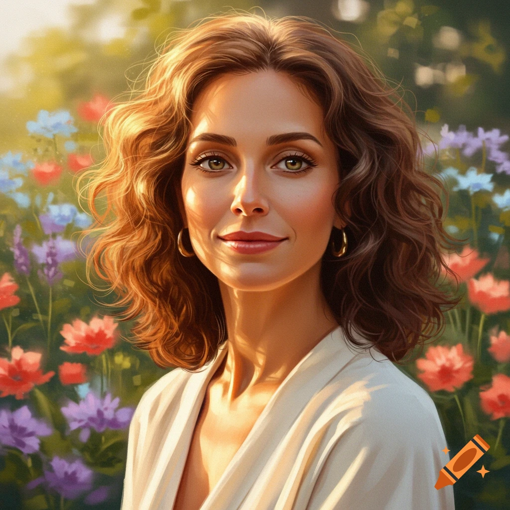 A beautiful woman with curly brown hair and hazel eyes smiles in a sunlit garden filled with colorful flowers.