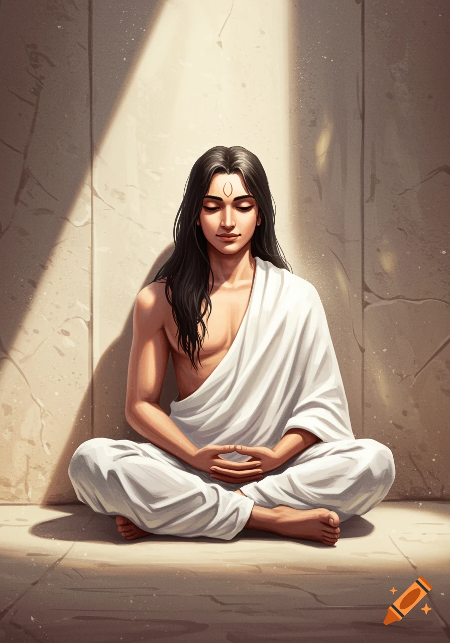 Digital painting of a person with long dark hair meditating, sitting cross-legged with eyes closed against a sunlit stone wall.