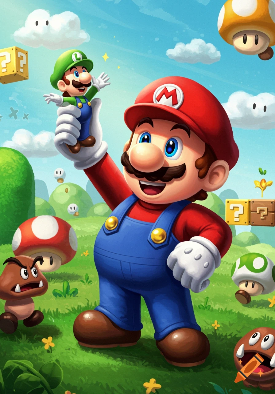 Mario holds a tiny Luigi in his hand, surrounded by Goombas, mushrooms, and question blocks in a vibrant cartoon landscape.