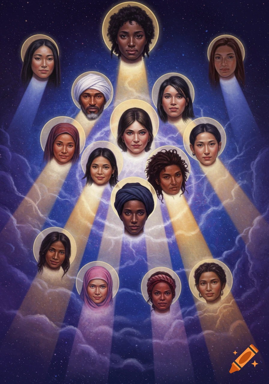 A symbolic painting showing diverse human faces with halos emerging from clouds and light beams in a starry sky.