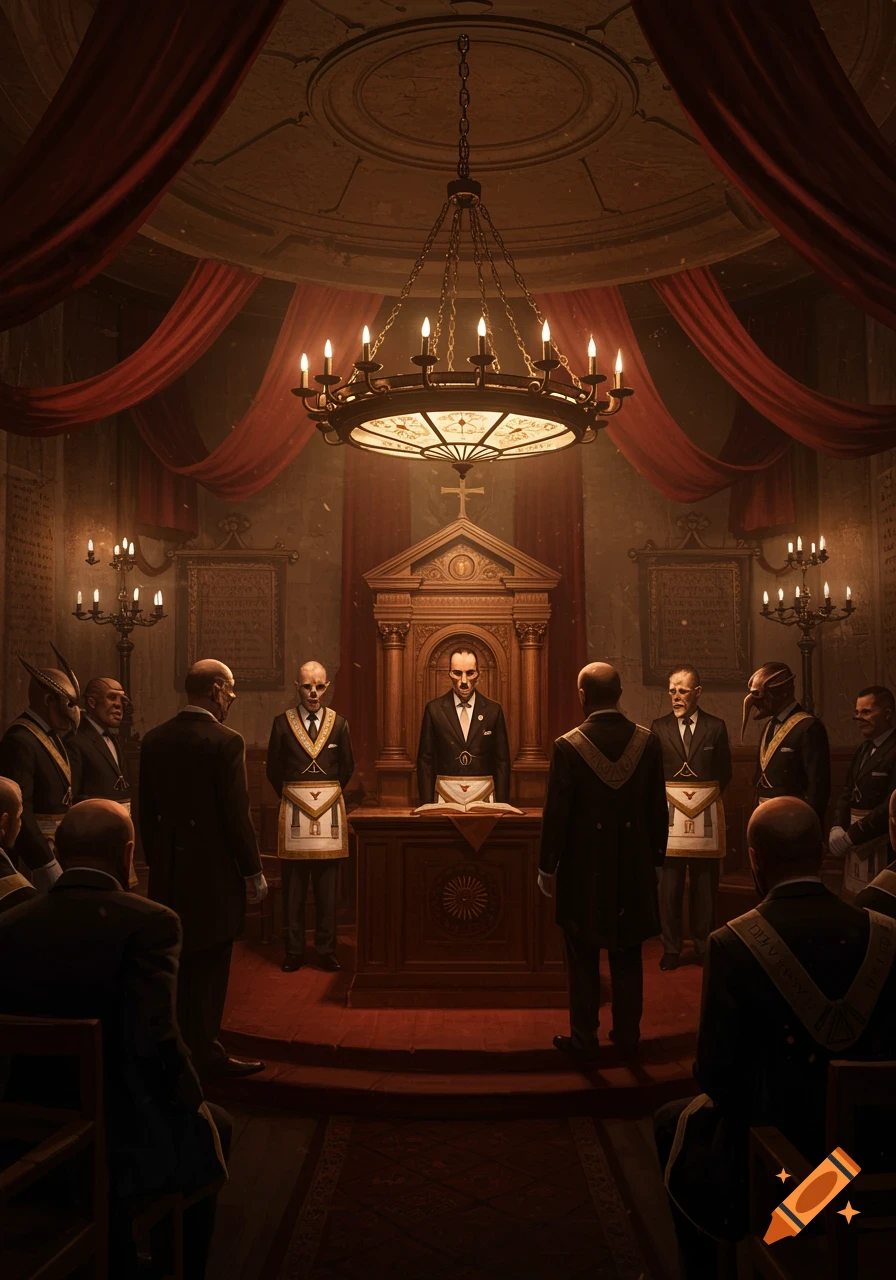 An eerie, dimly lit scene of a secretive ceremony with robed figures, some with distorted or skeletal faces, gathered around an altar in a grand, draped hall.