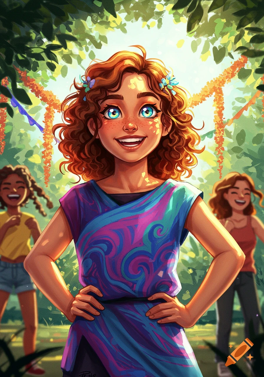 Vibrant illustration of a smiling girl with curly red hair and blue eyes, hands on hips, in a sunny outdoor setting with friends.