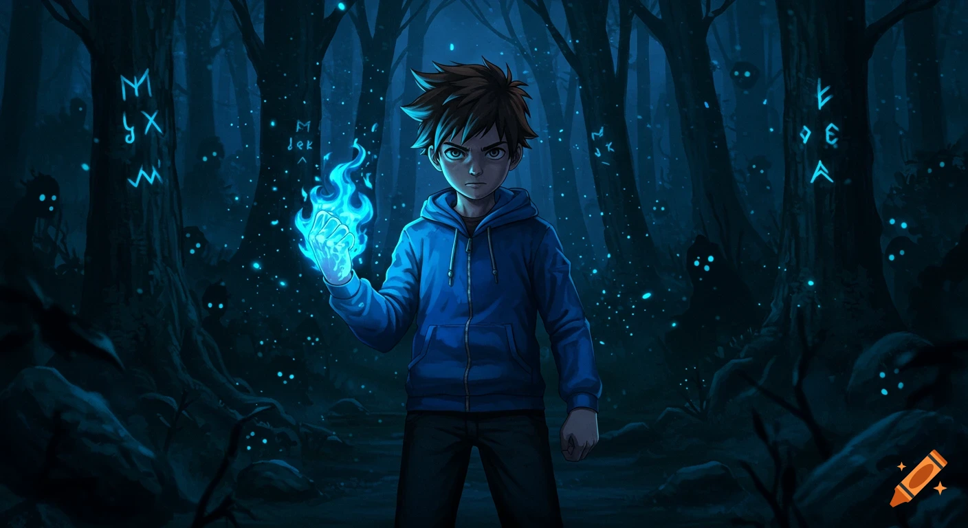 Anime-style boy with glowing blue fire in his fist stands in a dark enchanted forest with lurking creatures.
